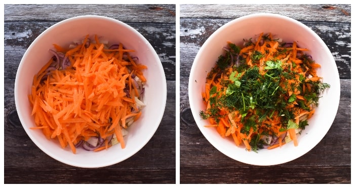 Making carrot & dill coleslaw - step 2 Making carrot & dill coleslaw - step 2 - grated carrot & fresh herbs