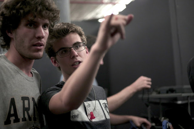 Production designer Cameron Alford with director Cameron Mitchell Elmore on the set of Omega Incident