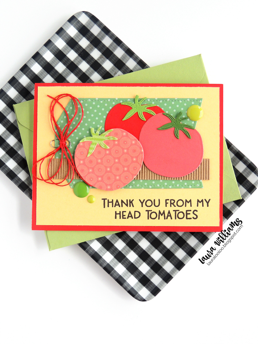 Thank you from my head tomatoes - handmade thank you card idea with die cutting and patterned paper, using vegetable dies and coordinating stamps from Impression Obsession