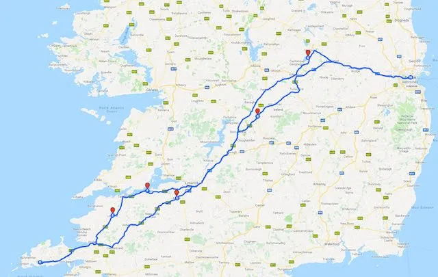 Map of points of interest on an Irish road trip between Dublin and Dingle