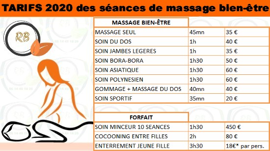 Tarifs 2020 des séances de Massage-bien-être;
