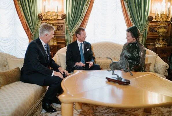 Queen Mathilde wore a floral print dress by Natan. Grand Duchess Maria Teresa. Princess Stephanie