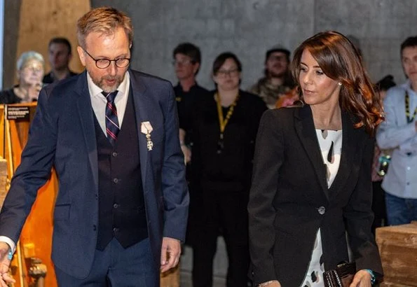 Princess Marie wore Hugo Boss Dikita Patterned dress, Giorgio Armani blazer, and carried Armani clutch