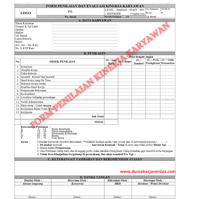 Contoh Form Penilaian Kinerja Karyawan Simple Dan Lengkap File Excel