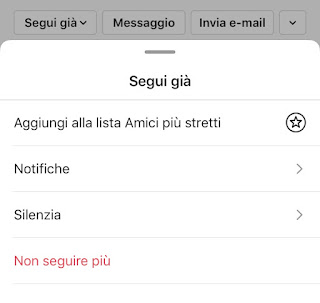 Impostazioni nel menù per iPhone Segui già