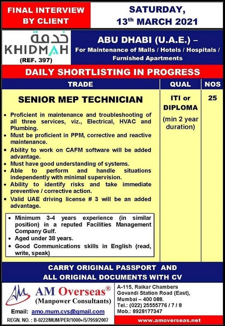 UAE JOBS : REQUIRED FOR A LEADING COMPANY IN UAE