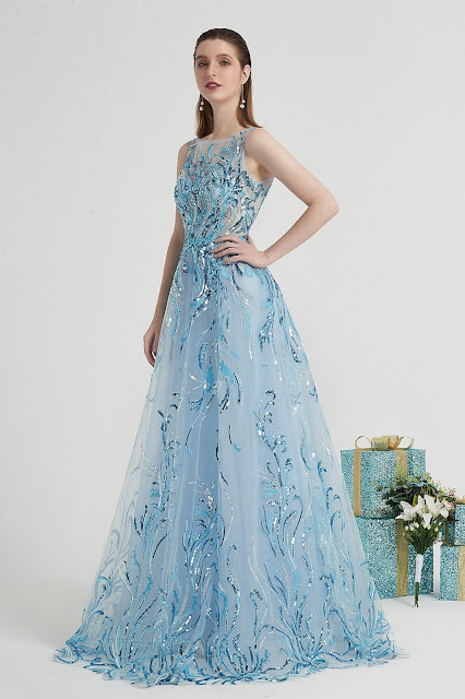 Blue Shiny Sequins Elegant Party Long Evening Dress-eDressit 