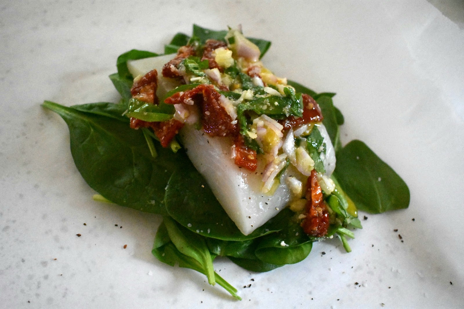 Halibut with Spinach and Sundried Tomatoes in Parchment Chef Jen