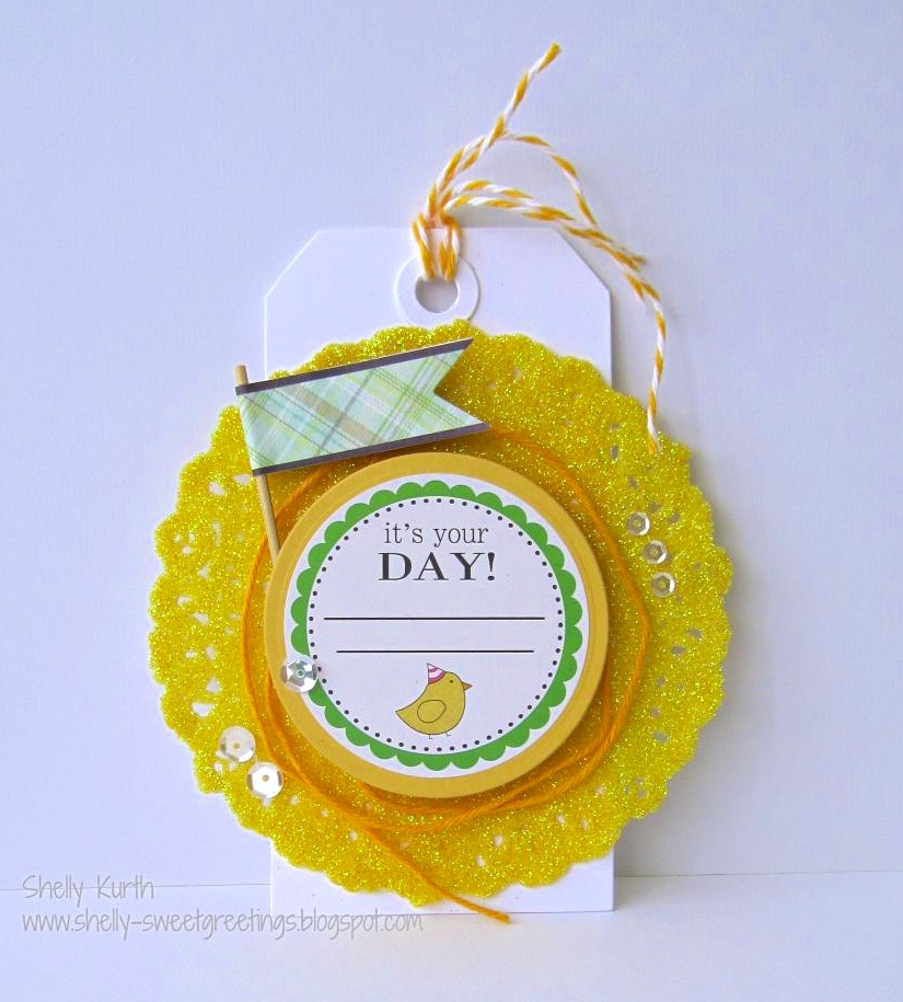 SRM Stickers Blog - Decorated Doily Tag by Shelly - #tag #birthday #twine #doily #labels by the dozen