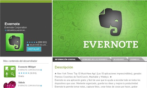 Página para descargar Evernote