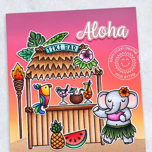 Sunny Studio Stamps: Tiki Time Fabulous Flamingos Slimline Dies Silly Sloths Tropical Themed Card by Anja Bytyqi