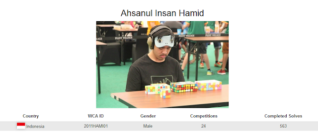 Profile akun WCA dari Ahsanul Insan Hamid yang merupakan peringkat pertama sekaligus pemegang rekor nasional dalam menyelesaikan banyak rubik dengan mata tertutup di Indonesia