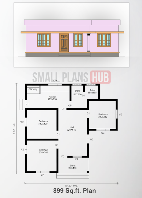 899 Sq.Ft.Three Bedroom House Plan and Elevation