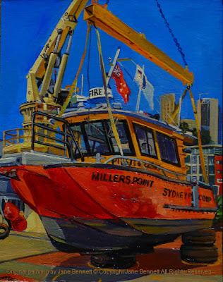 Plein air oil painting of Port Authority workboat 'Millers Point' being lifted by crane next to Moore's Wharf painted by marine Artist Jane Bennett