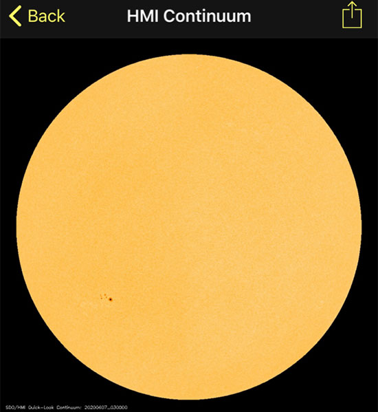 Hey, the sun has some sunspots now! (Source: NASA/SDO SoHO app)