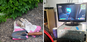Gardening gloves and a trowel and my youngest playing Fortnite on her PC