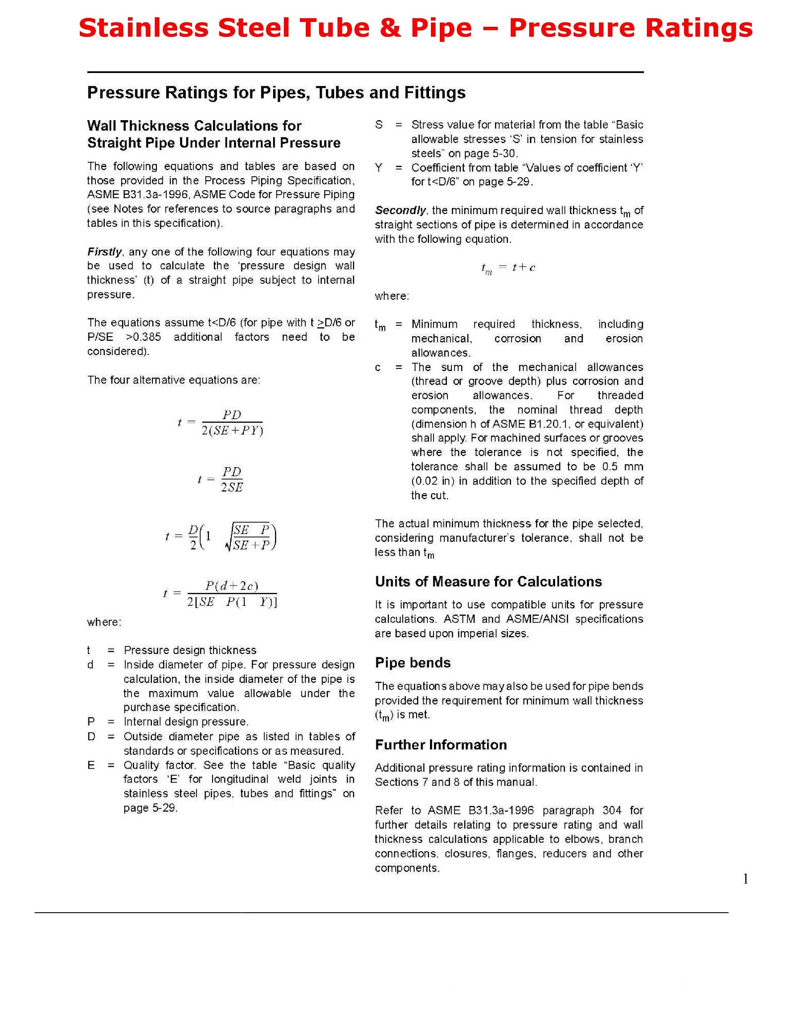 Pressure Ratings for Pipes, Tubes and Fittings (PDF)