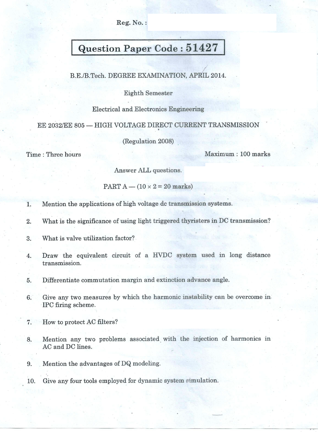 EE2032, EE805 High Voltage Direct Current Transmission April May 2014