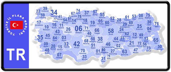 Plaka içindeki Türkiye haritası üzerinde il plaka kodlarının gösterimi