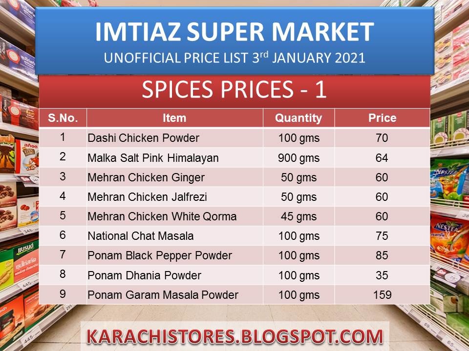 Imtiaz Super Market Jan 2021 Price List Assorted & Recipe Spices