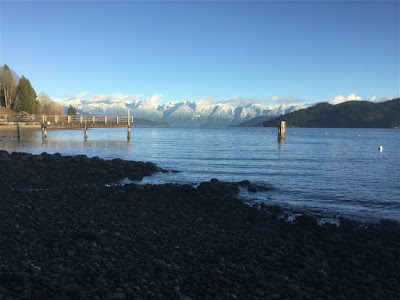 View of Coastal snow covered mountains, Gibsons, BC, Canada