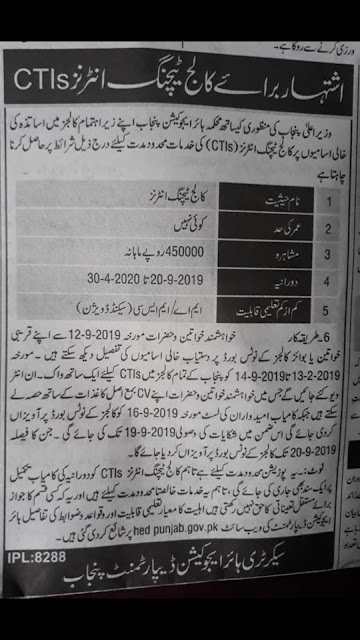  CTI New 4500 Jobs In Punjab 2019-20 For Lecturer Male & Female