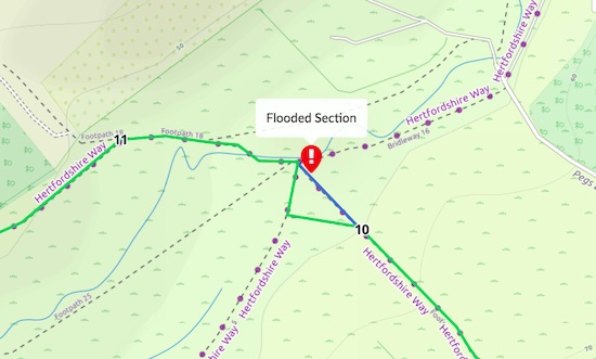 Detour to avoid flooded section between points 10 and 11 Created on Map Hub by Hertfordshire Walker Elements © Thunderforest © OpenStreetMap contributors