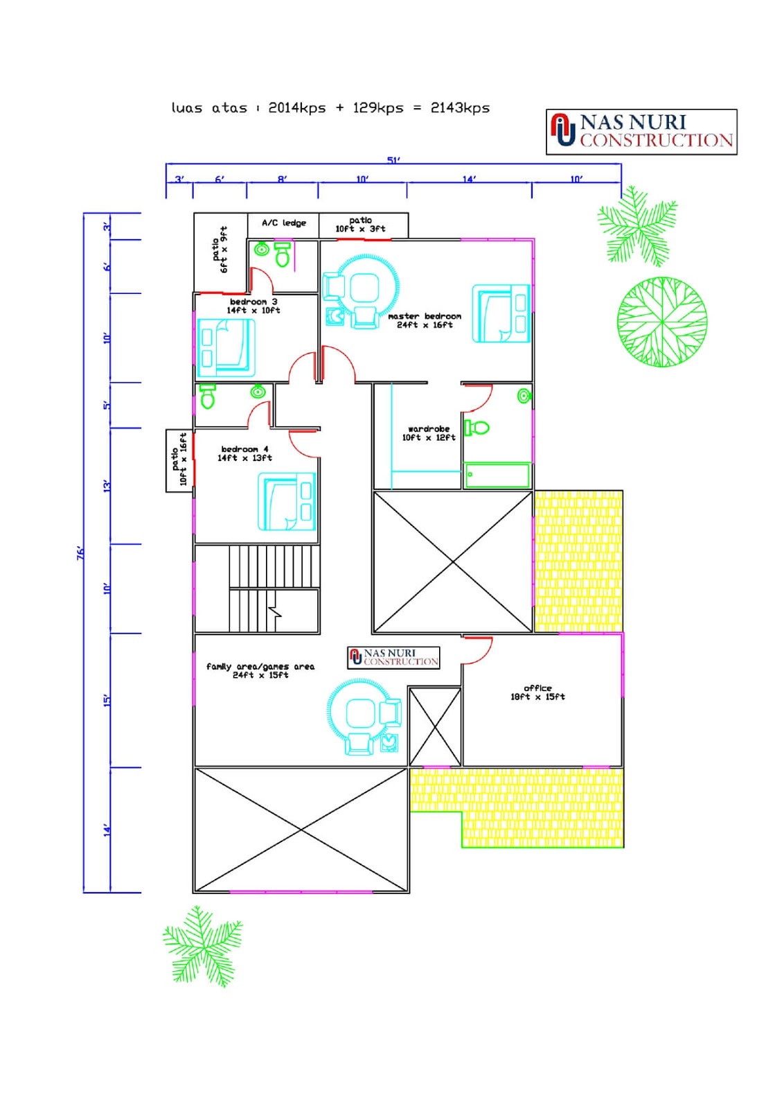 Pelan rumah 2 tingkat 5 + 1 bilik tidur 5 bilik air. Banglo 5156 kaki