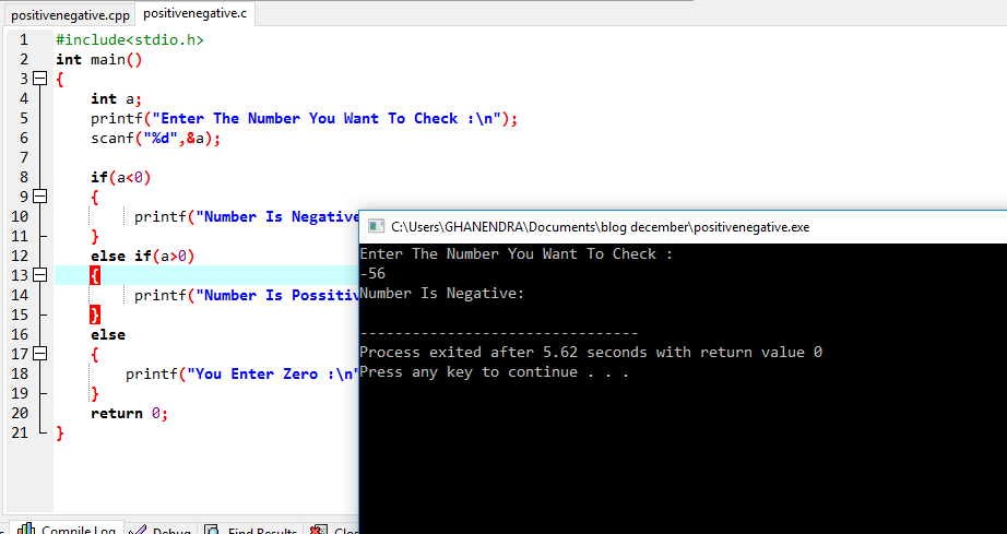 C Program To Check Number Is Positive Or Negative