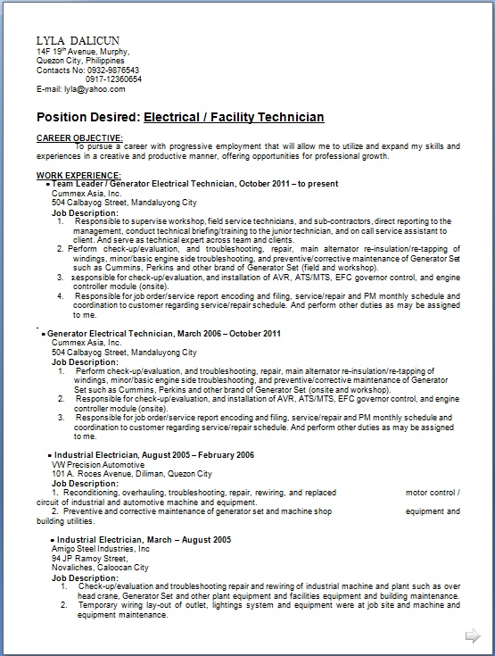 Generator Electrical Technician Sample Resume Format in Word Free Download