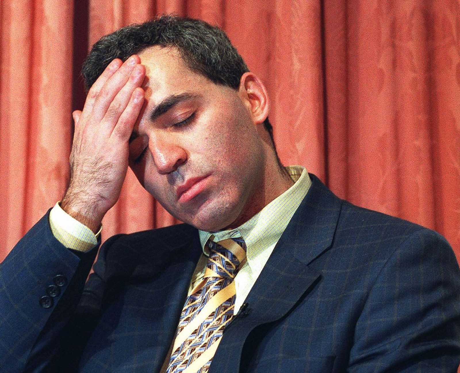 Kasparov wears a look of dejection after being swiftly defeated by Deep Blue in their final game. May 11, 1997.