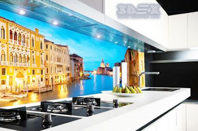 city images as 3D kitchen backsplash design on glass panels