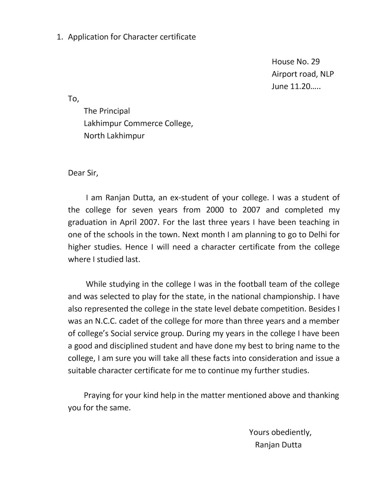 application letter for character certificate from college