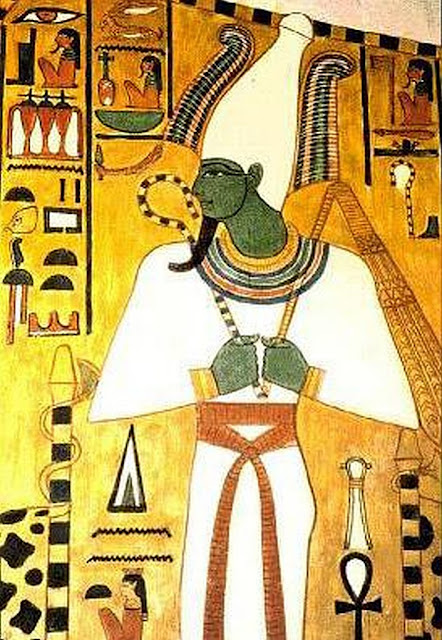 Detail of a frieze on a wall of tomb QV66, the burial place of Nefertari (c. 1295-1255 B.C.), royal wife of Ramesses the Great, featuring the Egyptian god Osiris.
