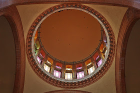 Stained glass interior of modernist dome, Aula Magna of Casa de Convalescencia, Hospital de Sant Pau, Barcelona