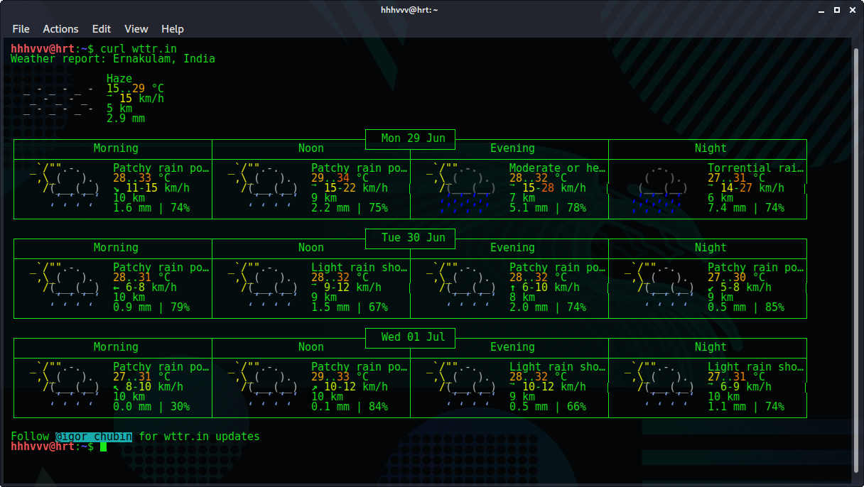 CHECK WEATHER FROM TERMINAL USING WTTR.IN