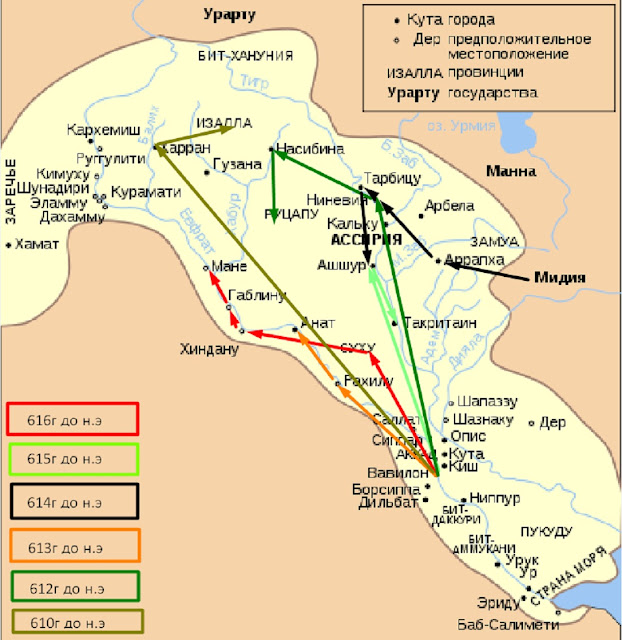 В 616г до н.э.  Набопаласар предпринял наступление на территории союзников Ассирии Суху и Хиндан