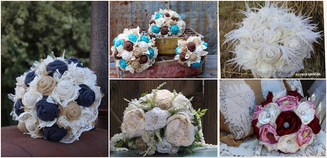 Burlap and lace bridal bouquets and flower arrangements for a rustic wedding 