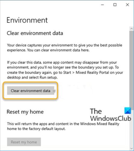 Borrar datos de entorno para Windows Mixed Reality