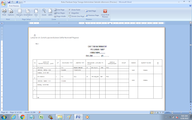 Contoh Laporan Bulanan Daftar Nominatif Pegawai SMP/SMA/SMK