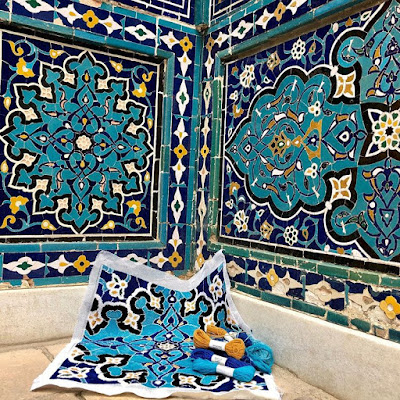 islamic tiles needlepoint tapestry, natalie fisher uzbekistan travels tapestry, uzbek art craft textile tours