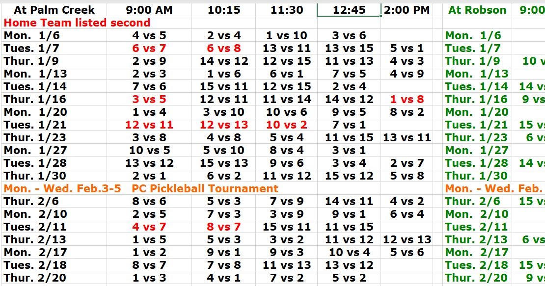 Palm Creek Softball: 2020 Winter Revised Softball Schedule