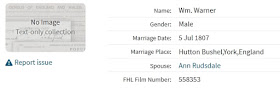 Screen capture of the index page for Wm. Warner in the England, Select Marriages, 1538–1973 collection on Ancestry.com