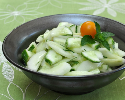 Cucumber Salad with Lime & Fresh Mint, another easy summer salad ♥ AVeggieVenture.com, like a spicy cucumber mojito. Great Crunch. Weight Watchers Friendly. Low Carb. Naturally Gluten Free.