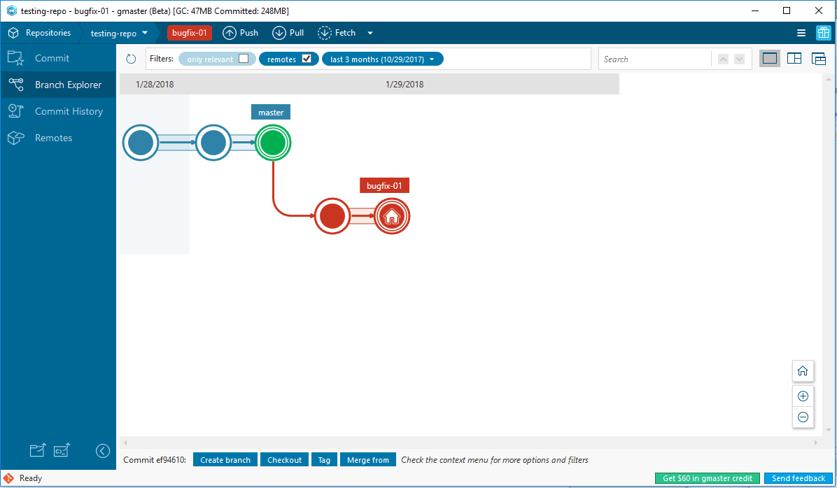 Branch Explorer with a new Branch and commits