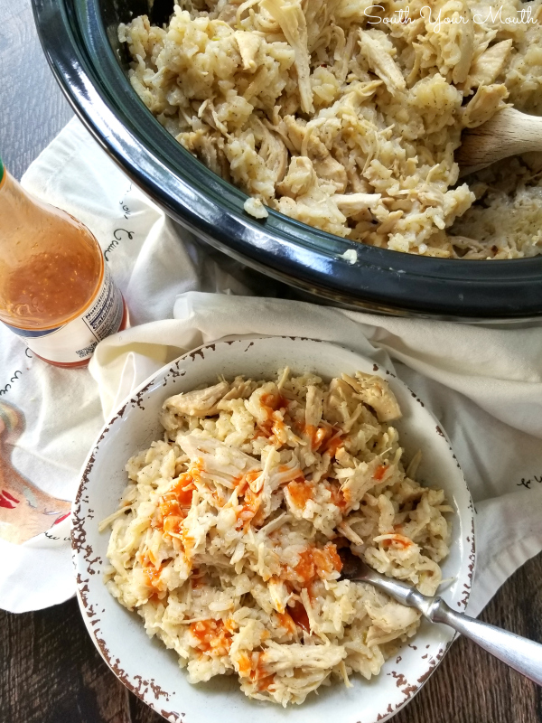 Southern Style Crock Pot Chicken & Rice! An easy slow cooker recipe for a Carolina favorite made with tender stewed chicken and long grain rice. No precooking the chicken and no instant rice – everything cooks in the crock pot! #slowcooker #crockpot #chicken #rice #southern 