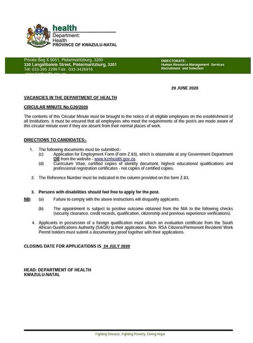 Vacancies in the Department of Health in KZN