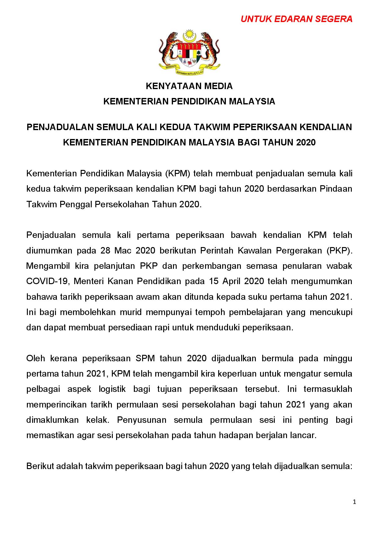 Penjadualan Semula Takwim Peperiksaan 2020