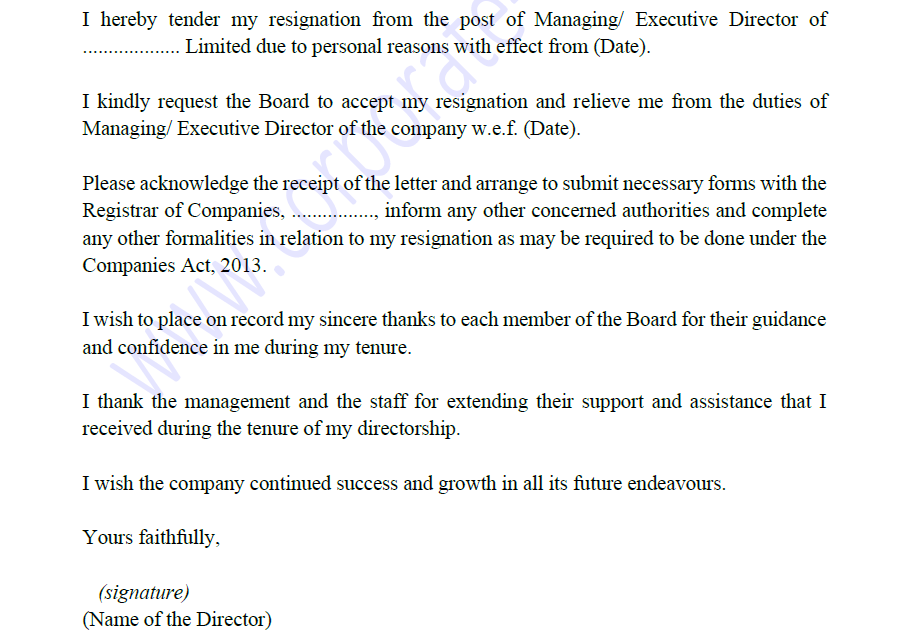 Draft Resignation Letter of Managing Director Executive