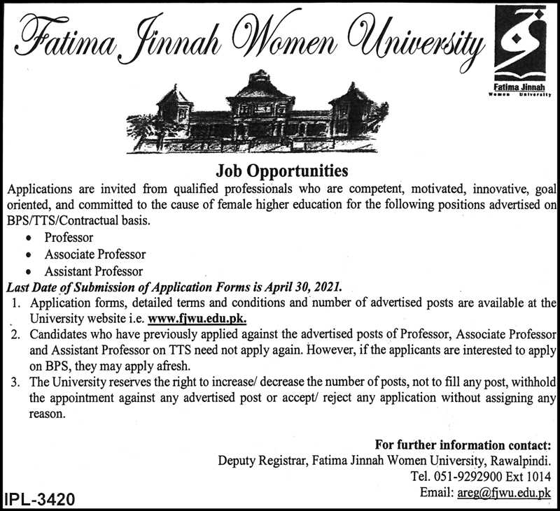 Fatima Jinnah Women University FJWU Rawalpindi Professors Jobs 2021